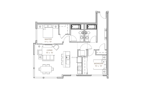 Floor plan for 2 beds, 2 baths, 1055 sqft